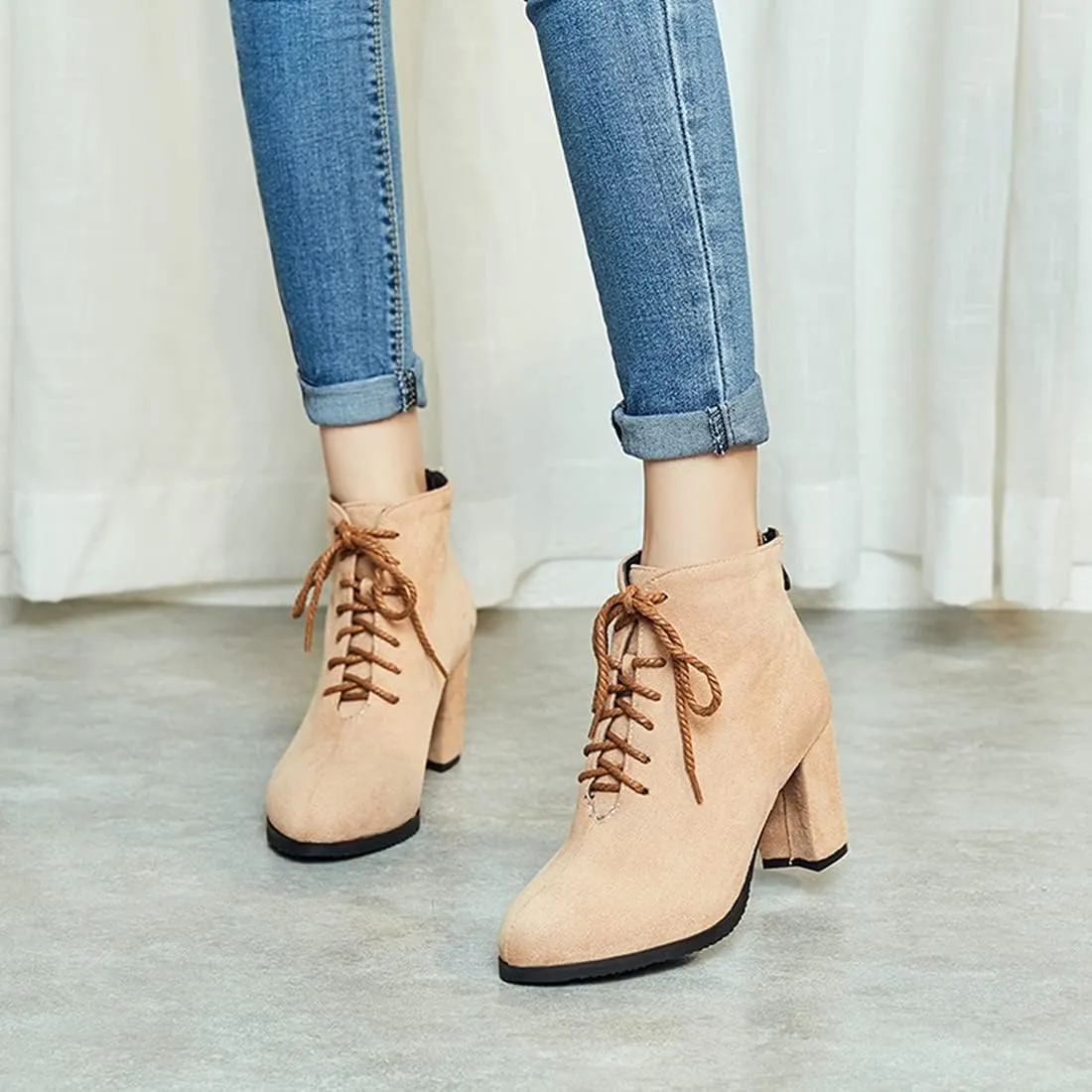 VOKLIN Women's Chunky Block High Heel Dressy Ankle Booties Round Toe Suede Lace Up Elegant Dress Short Boots