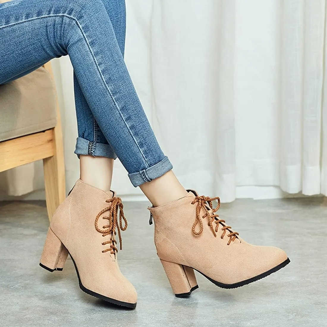 VOKLIN Women's Chunky Block High Heel Dressy Ankle Booties Round Toe Suede Lace Up Elegant Dress Short Boots