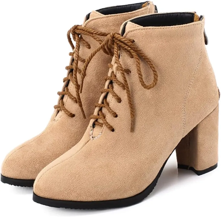 VOKLIN Women's Chunky Block High Heel Dressy Ankle Booties Round Toe Suede Lace Up Elegant Dress Short Boots