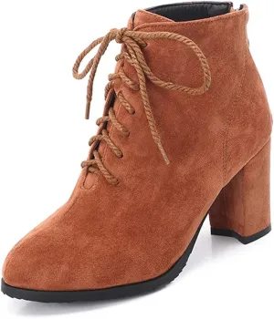 VOKLIN Women's Chunky Block High Heel Dressy Ankle Booties Round Toe Suede Lace Up Elegant Dress Short Boots
