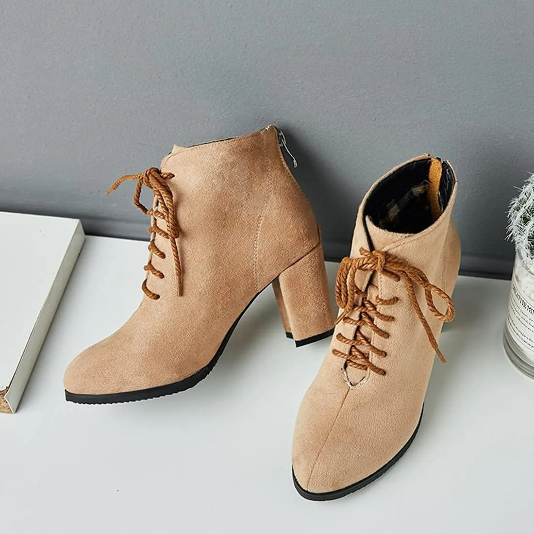 VOKLIN Women's Chunky Block High Heel Dressy Ankle Booties Round Toe Suede Lace Up Elegant Dress Short Boots