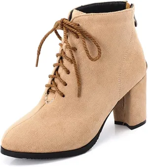 VOKLIN Women's Chunky Block High Heel Dressy Ankle Booties Round Toe Suede Lace Up Elegant Dress Short Boots