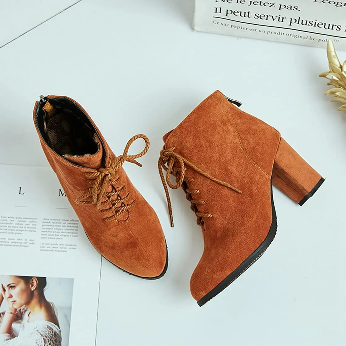 VOKLIN Women's Chunky Block High Heel Dressy Ankle Booties Round Toe Suede Lace Up Elegant Dress Short Boots