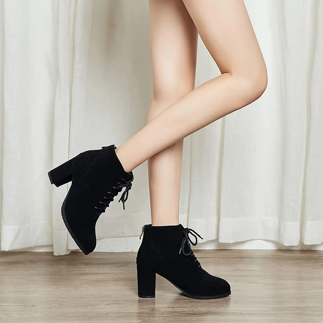 VOKLIN Women's Chunky Block High Heel Dressy Ankle Booties Round Toe Suede Lace Up Elegant Dress Short Boots