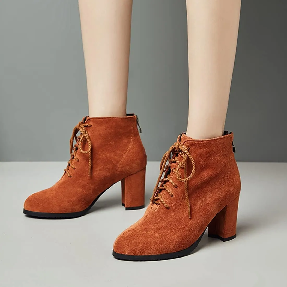 VOKLIN Women's Chunky Block High Heel Dressy Ankle Booties Round Toe Suede Lace Up Elegant Dress Short Boots