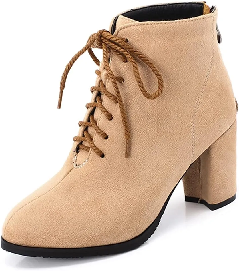 VOKLIN Women's Chunky Block High Heel Dressy Ankle Booties Round Toe Suede Lace Up Elegant Dress Short Boots