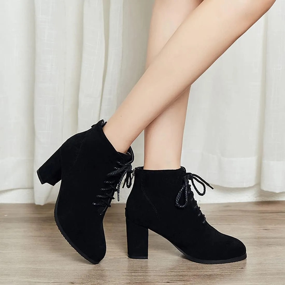 VOKLIN Women's Chunky Block High Heel Dressy Ankle Booties Round Toe Suede Lace Up Elegant Dress Short Boots