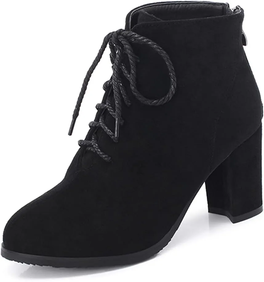 VOKLIN Women's Chunky Block High Heel Dressy Ankle Booties Round Toe Suede Lace Up Elegant Dress Short Boots