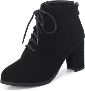 VOKLIN Women's Chunky Block High Heel Dressy Ankle Booties Round Toe Suede Lace Up Elegant Dress Short Boots