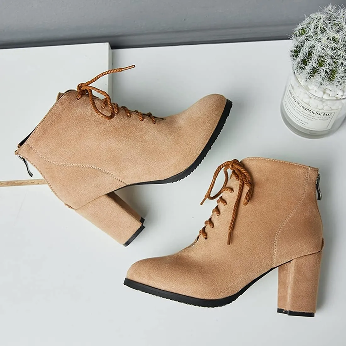 VOKLIN Women's Chunky Block High Heel Dressy Ankle Booties Round Toe Suede Lace Up Elegant Dress Short Boots