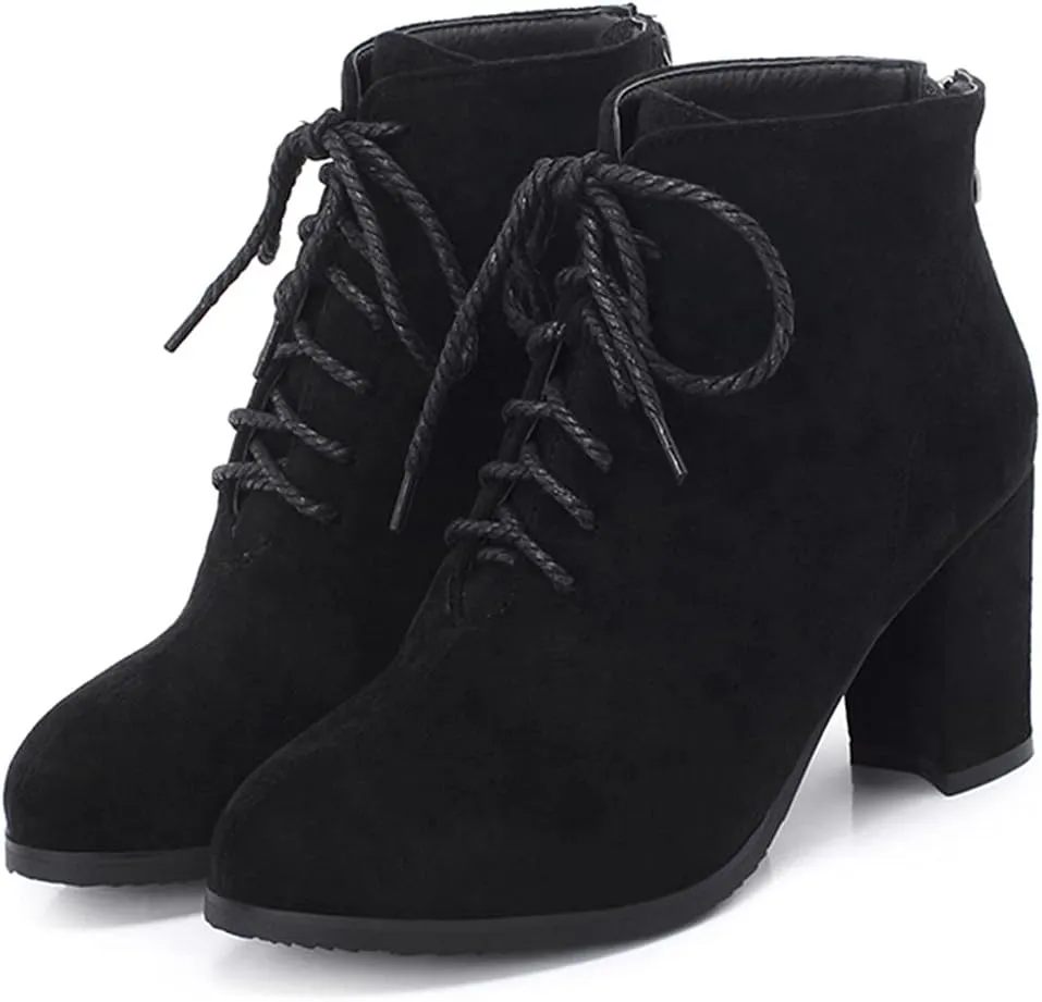 VOKLIN Women's Chunky Block High Heel Dressy Ankle Booties Round Toe Suede Lace Up Elegant Dress Short Boots