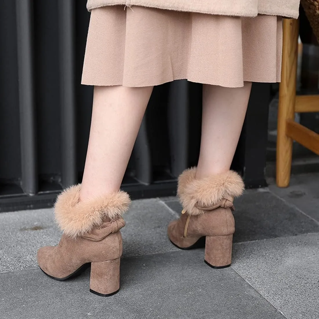VOKLIN Women's Chunky Block High Heel Fur Dressy Ankle Boots Pointed Toe Zipper Elegant Dress Short Booties