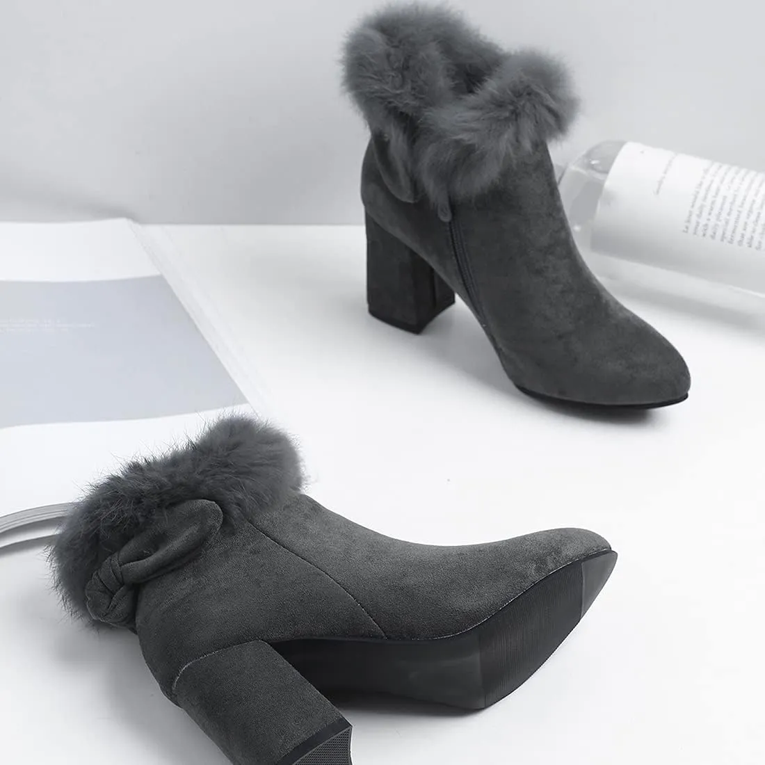 VOKLIN Women's Chunky Block High Heel Fur Dressy Ankle Boots Pointed Toe Zipper Elegant Dress Short Booties