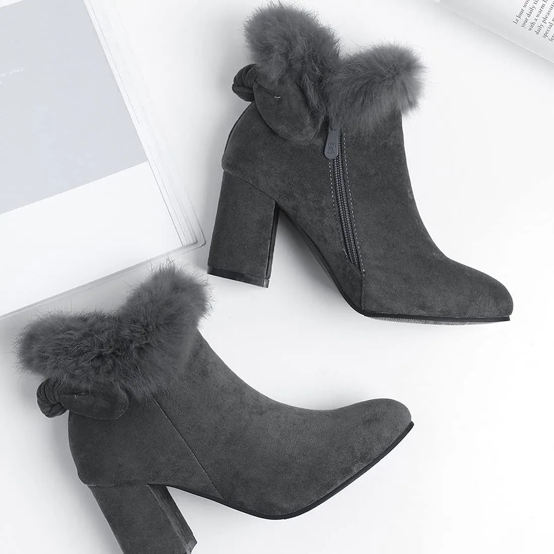 VOKLIN Women's Chunky Block High Heel Fur Dressy Ankle Boots Pointed Toe Zipper Elegant Dress Short Booties