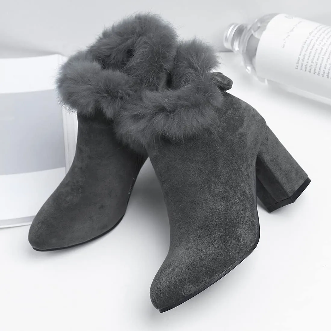 VOKLIN Women's Chunky Block High Heel Fur Dressy Ankle Boots Pointed Toe Zipper Elegant Dress Short Booties