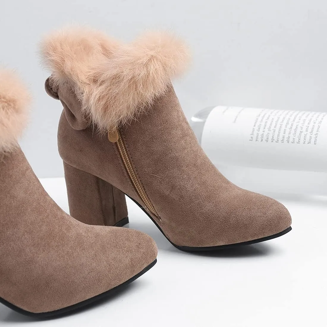 VOKLIN Women's Chunky Block High Heel Fur Dressy Ankle Boots Pointed Toe Zipper Elegant Dress Short Booties