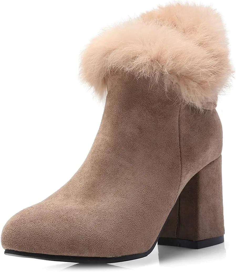 VOKLIN Women's Chunky Block High Heel Fur Dressy Ankle Boots Pointed Toe Zipper Elegant Dress Short Booties