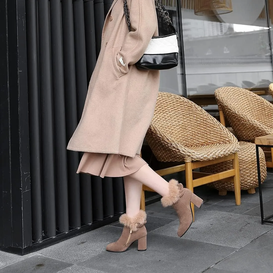 VOKLIN Women's Chunky Block High Heel Fur Dressy Ankle Boots Pointed Toe Zipper Elegant Dress Short Booties