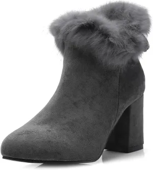 VOKLIN Women's Chunky Block High Heel Fur Dressy Ankle Boots Pointed Toe Zipper Elegant Dress Short Booties