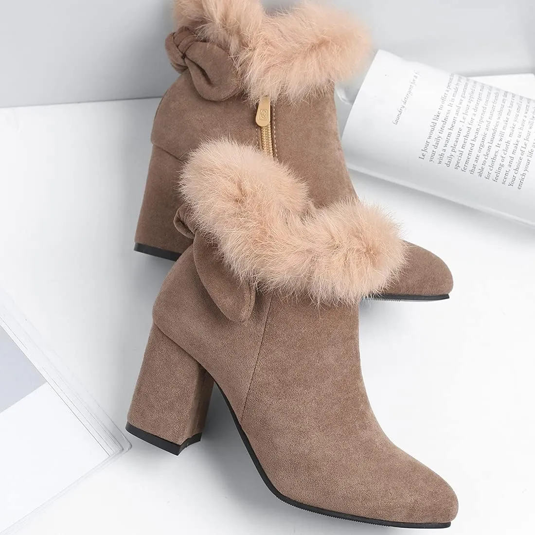 VOKLIN Women's Chunky Block High Heel Fur Dressy Ankle Boots Pointed Toe Zipper Elegant Dress Short Booties