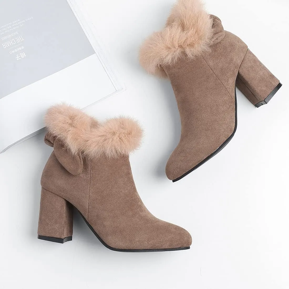 VOKLIN Women's Chunky Block High Heel Fur Dressy Ankle Boots Pointed Toe Zipper Elegant Dress Short Booties