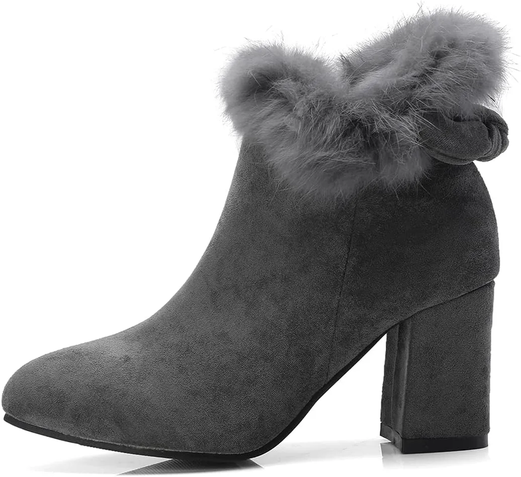 VOKLIN Women's Chunky Block High Heel Fur Dressy Ankle Boots Pointed Toe Zipper Elegant Dress Short Booties