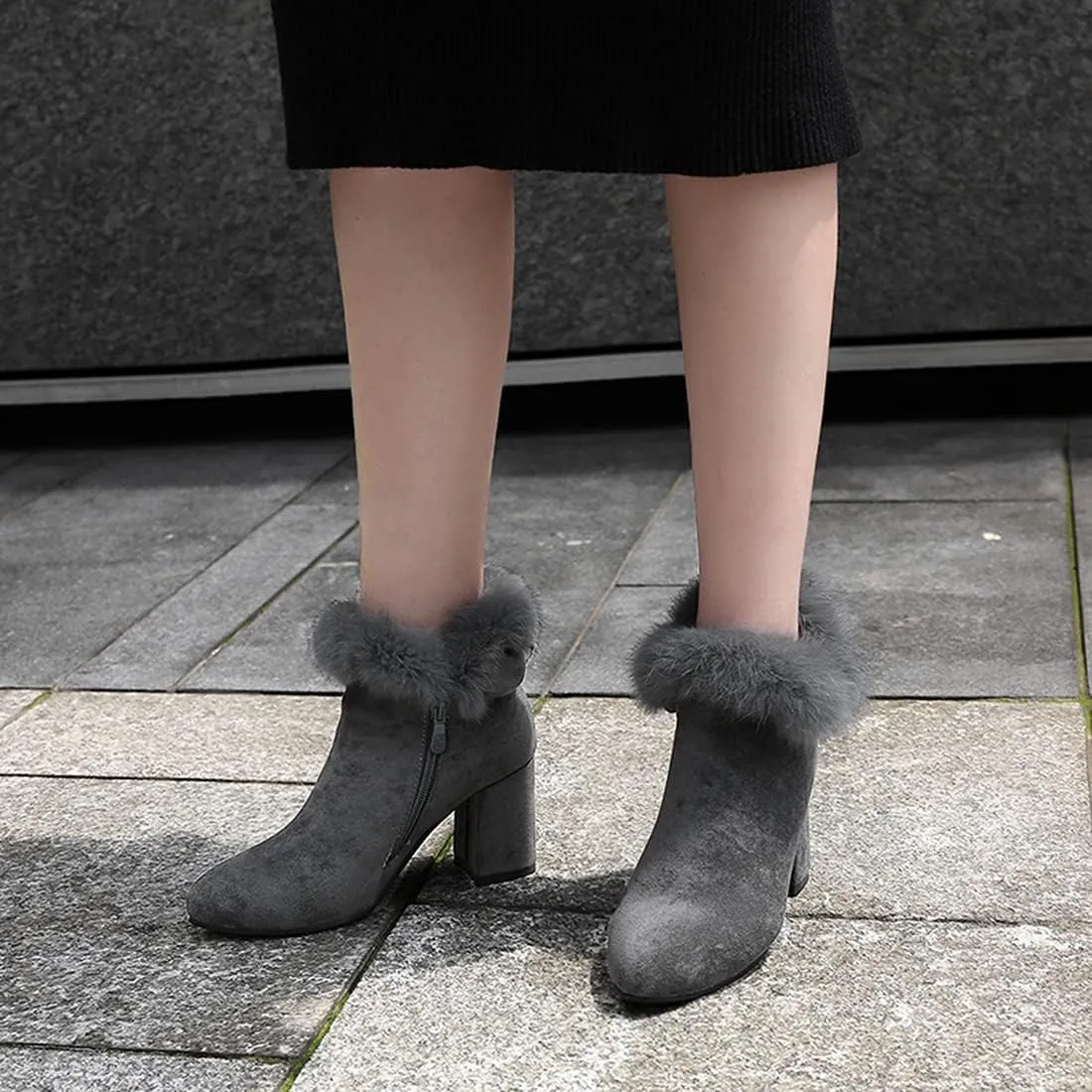VOKLIN Women's Chunky Block High Heel Fur Dressy Ankle Boots Pointed Toe Zipper Elegant Dress Short Booties