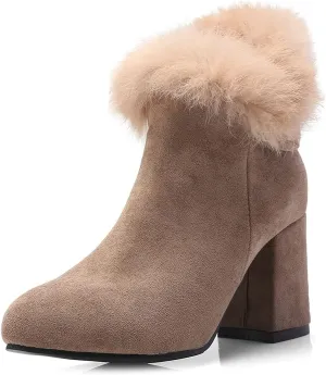 VOKLIN Women's Chunky Block High Heel Fur Dressy Ankle Boots Pointed Toe Zipper Elegant Dress Short Booties