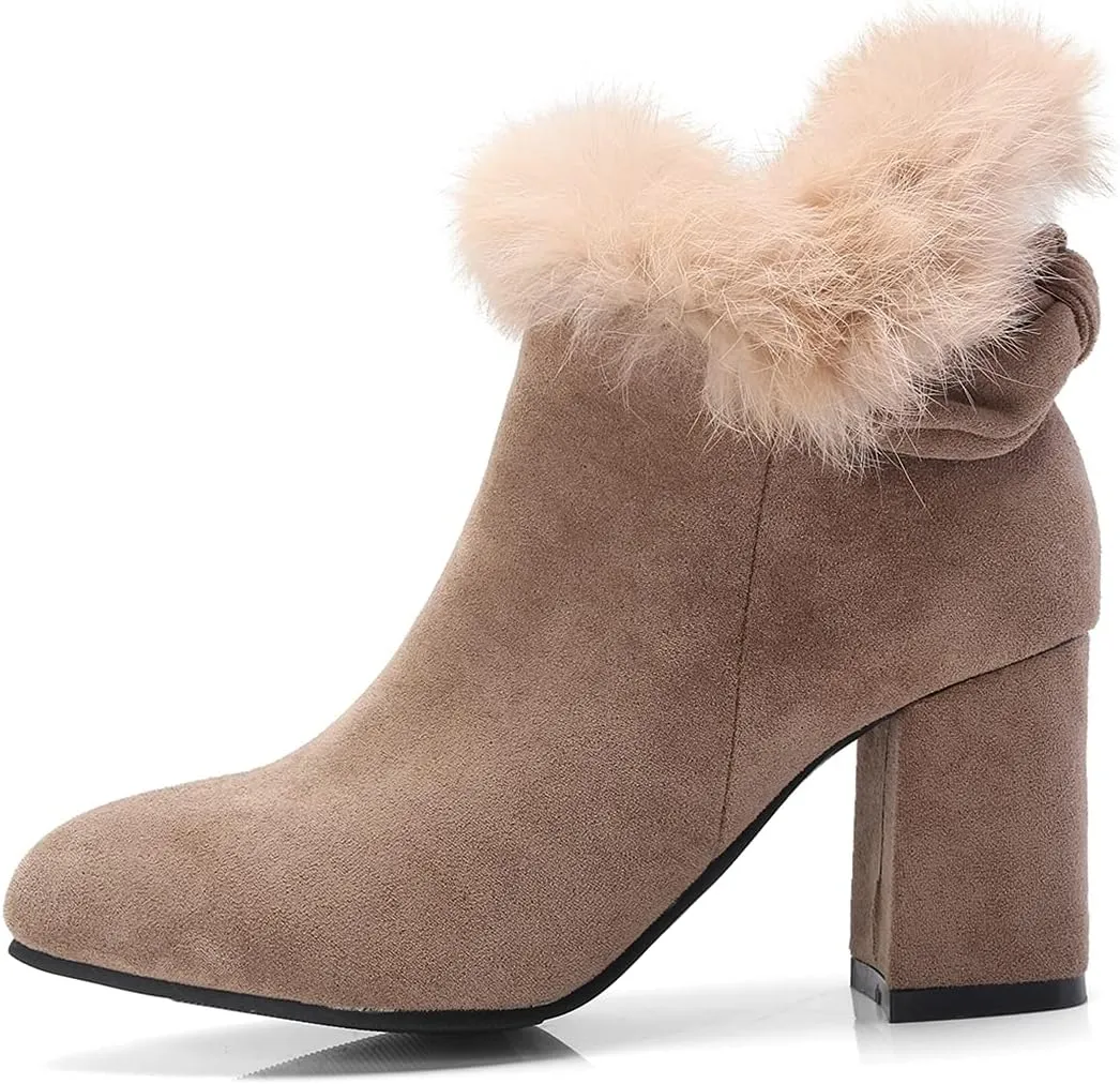 VOKLIN Women's Chunky Block High Heel Fur Dressy Ankle Boots Pointed Toe Zipper Elegant Dress Short Booties