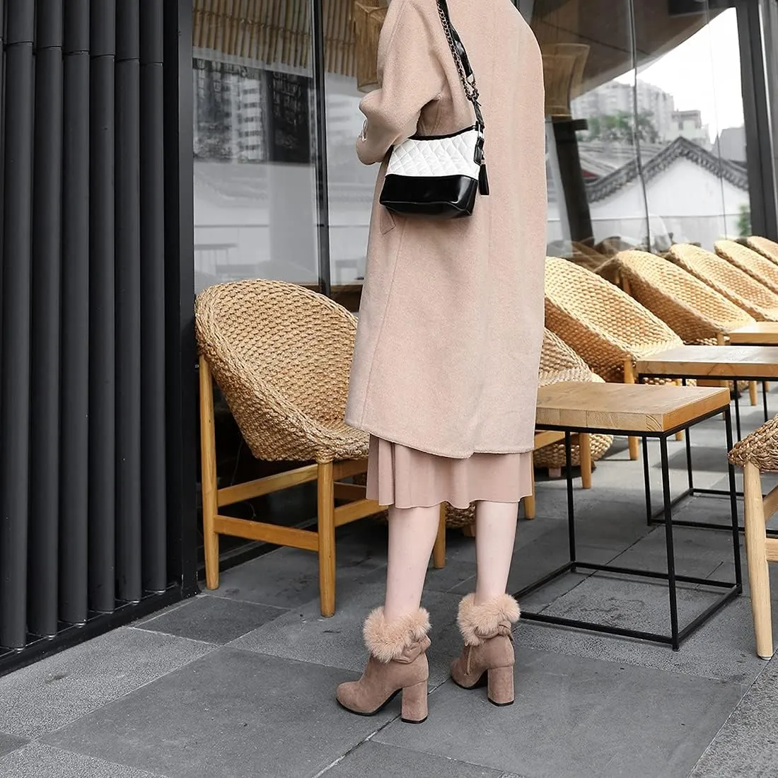 VOKLIN Women's Chunky Block High Heel Fur Dressy Ankle Boots Pointed Toe Zipper Elegant Dress Short Booties