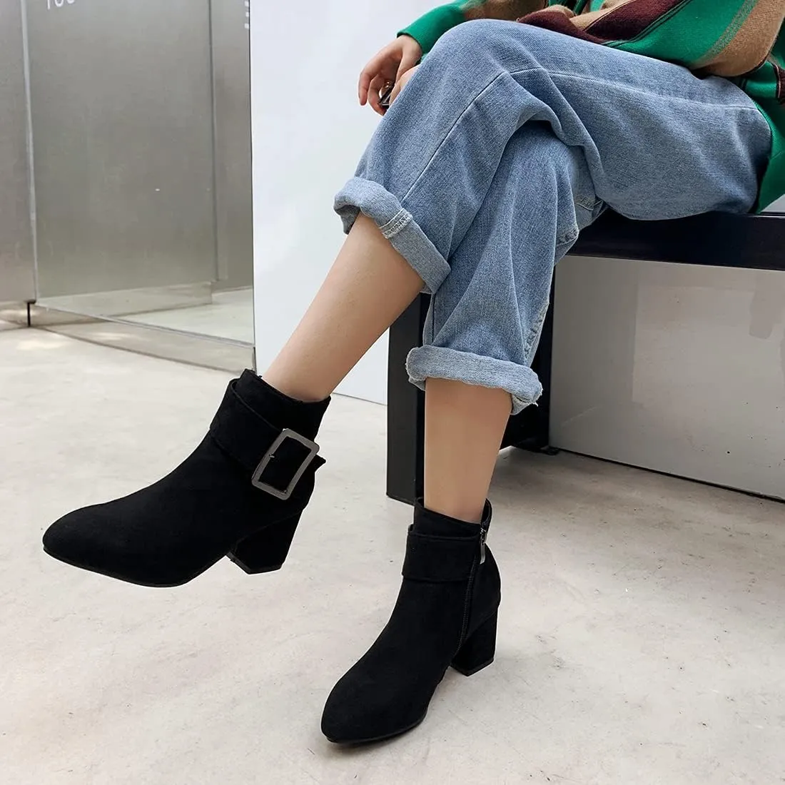 VOKLIN Women's Fashion Buckle Dressy Ankle Boots Suede Round Toe Zipper Block Mid Heel Dress Short Booties