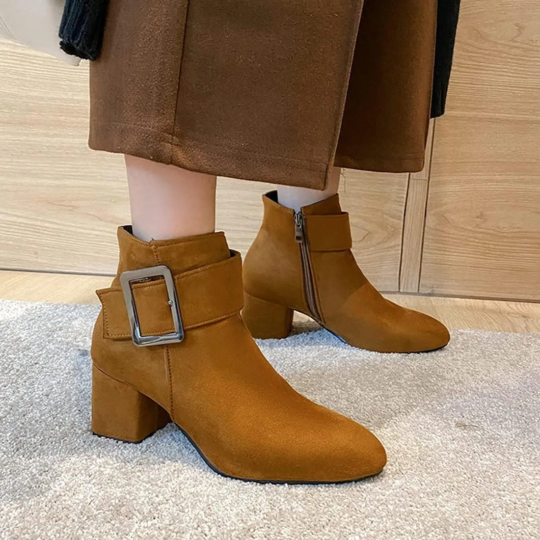 VOKLIN Women's Fashion Buckle Dressy Ankle Boots Suede Round Toe Zipper Block Mid Heel Dress Short Booties