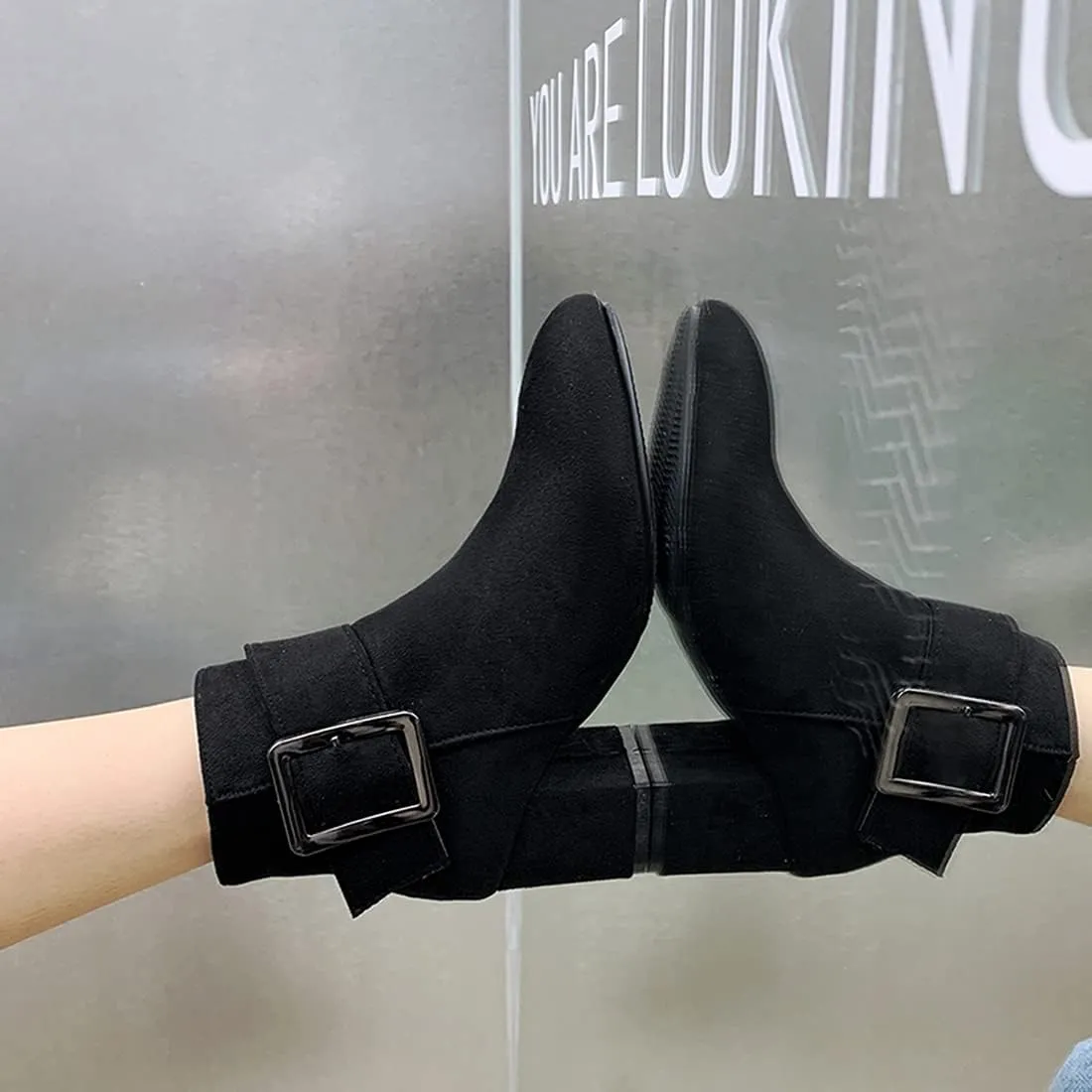 VOKLIN Women's Fashion Buckle Dressy Ankle Boots Suede Round Toe Zipper Block Mid Heel Dress Short Booties