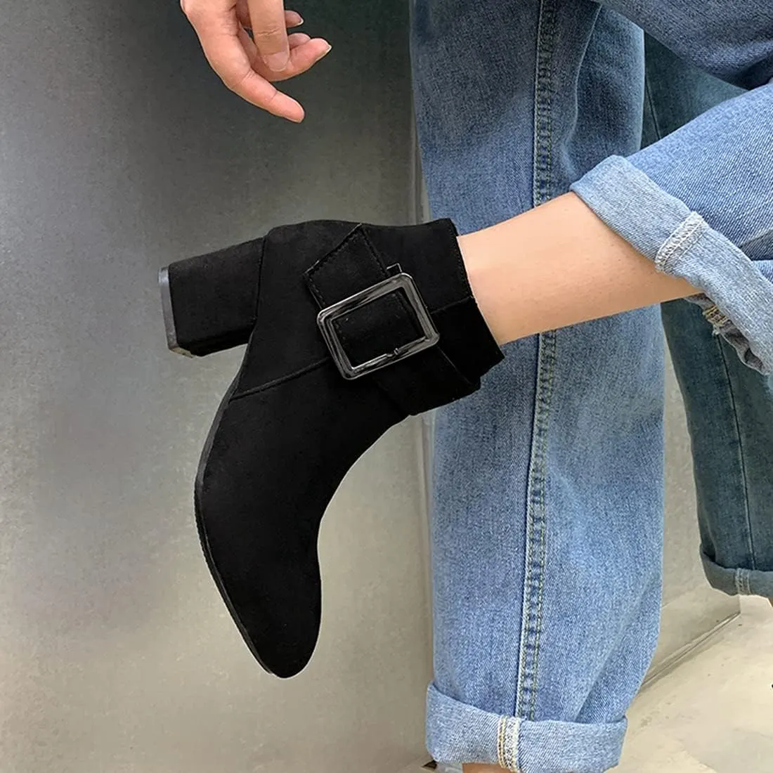 VOKLIN Women's Fashion Buckle Dressy Ankle Boots Suede Round Toe Zipper Block Mid Heel Dress Short Booties