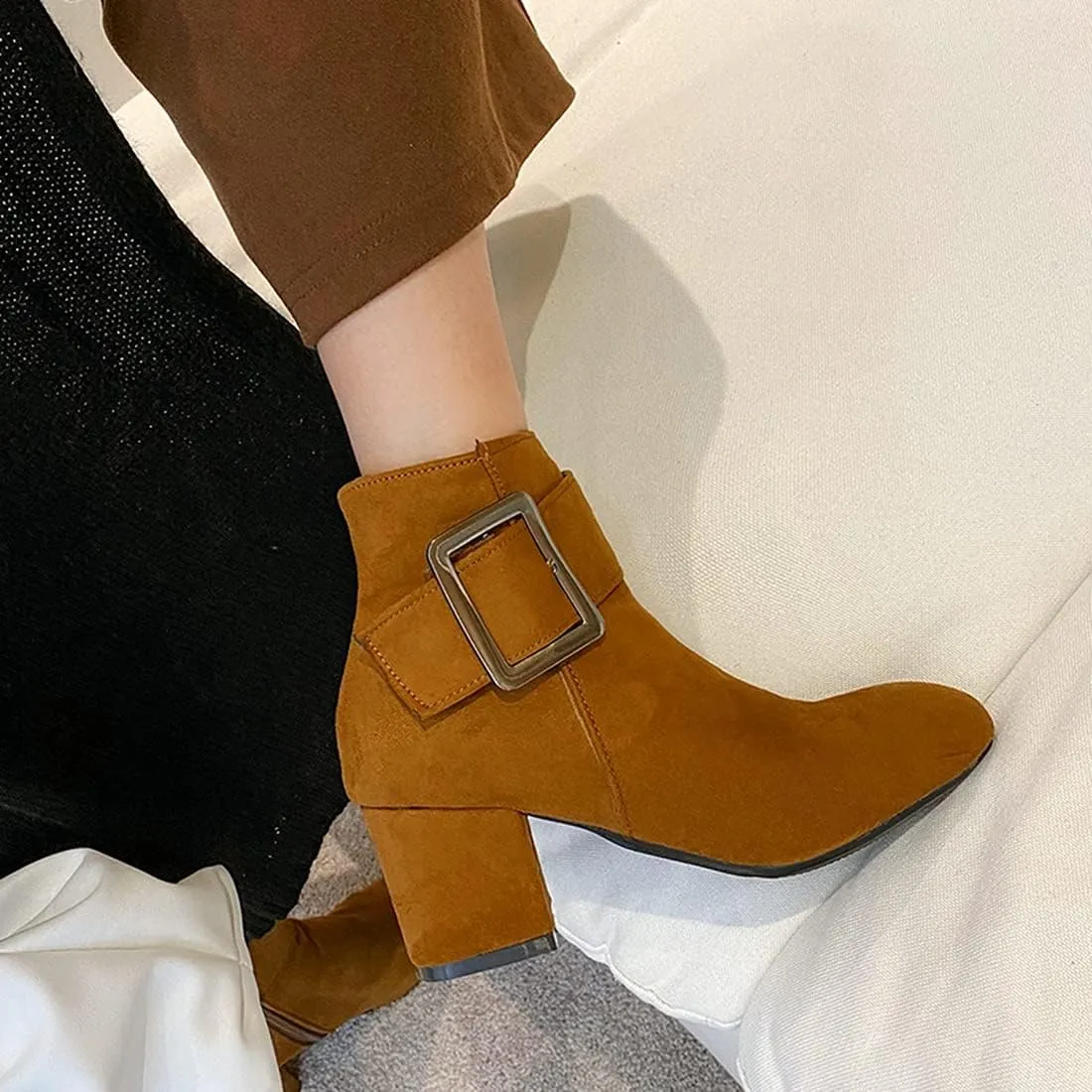 VOKLIN Women's Fashion Buckle Dressy Ankle Boots Suede Round Toe Zipper Block Mid Heel Dress Short Booties