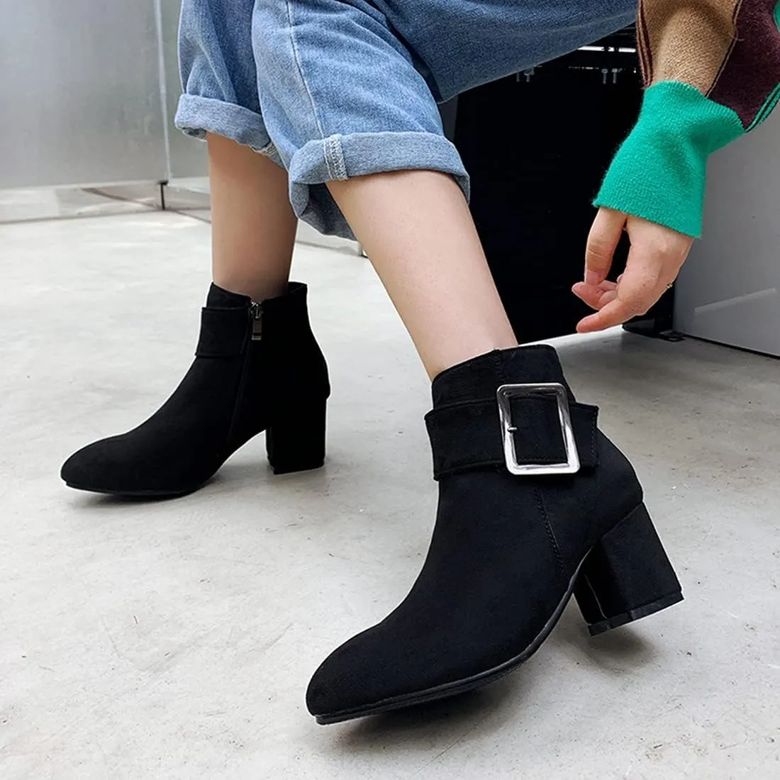 VOKLIN Women's Fashion Buckle Dressy Ankle Boots Suede Round Toe Zipper Block Mid Heel Dress Short Booties