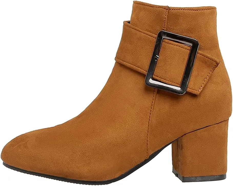 VOKLIN Women's Fashion Buckle Dressy Ankle Boots Suede Round Toe Zipper Block Mid Heel Dress Short Booties