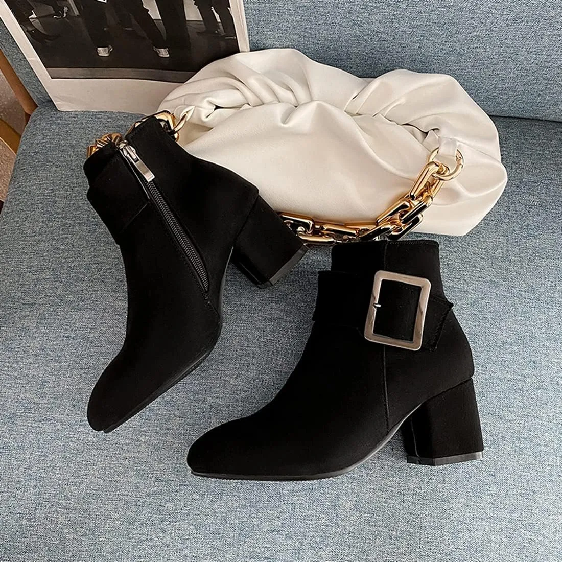 VOKLIN Women's Fashion Buckle Dressy Ankle Boots Suede Round Toe Zipper Block Mid Heel Dress Short Booties