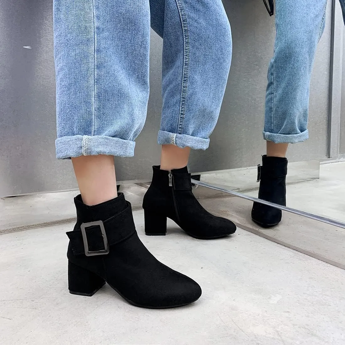 VOKLIN Women's Fashion Buckle Dressy Ankle Boots Suede Round Toe Zipper Block Mid Heel Dress Short Booties