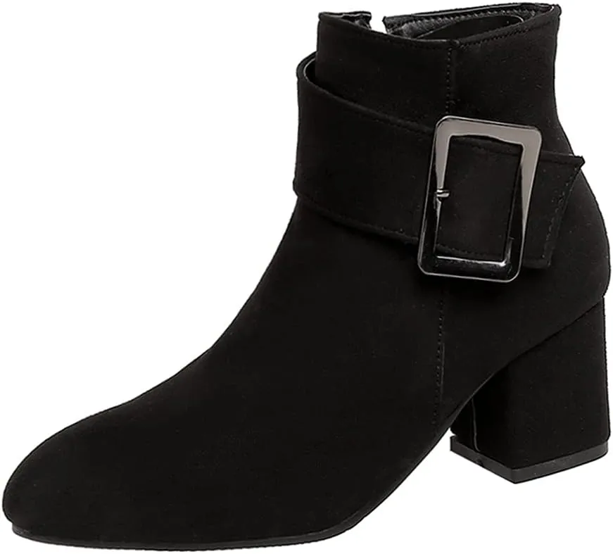 VOKLIN Women's Fashion Buckle Dressy Ankle Boots Suede Round Toe Zipper Block Mid Heel Dress Short Booties