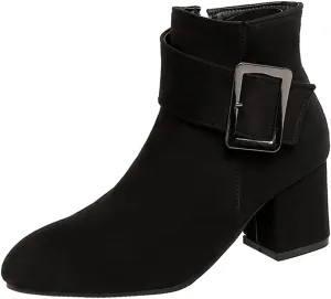 VOKLIN Women's Fashion Buckle Dressy Ankle Boots Suede Round Toe Zipper Block Mid Heel Dress Short Booties