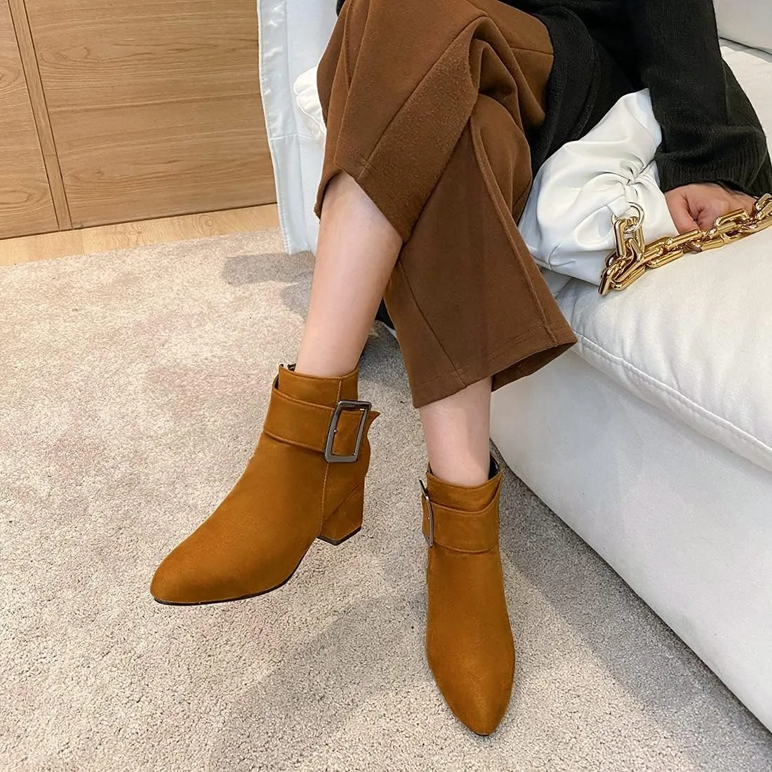 VOKLIN Women's Fashion Buckle Dressy Ankle Boots Suede Round Toe Zipper Block Mid Heel Dress Short Booties