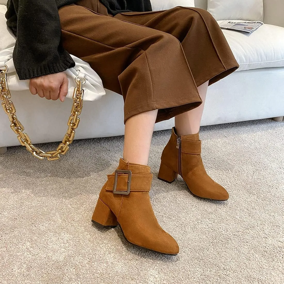 VOKLIN Women's Fashion Buckle Dressy Ankle Boots Suede Round Toe Zipper Block Mid Heel Dress Short Booties