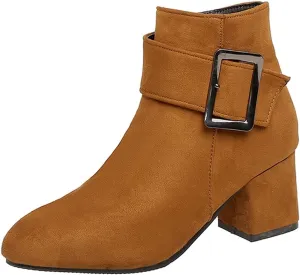 VOKLIN Women's Fashion Buckle Dressy Ankle Boots Suede Round Toe Zipper Block Mid Heel Dress Short Booties