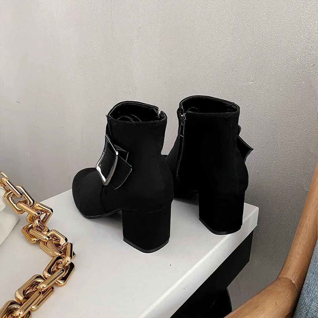VOKLIN Women's Fashion Buckle Dressy Ankle Boots Suede Round Toe Zipper Block Mid Heel Dress Short Booties