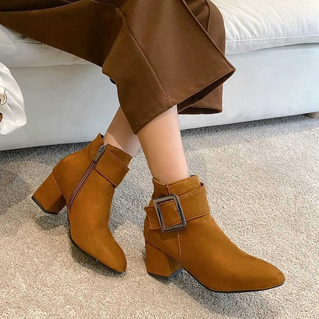 VOKLIN Women's Fashion Buckle Dressy Ankle Boots Suede Round Toe Zipper Block Mid Heel Dress Short Booties
