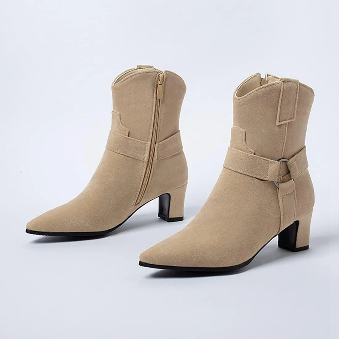 VOKLIN Women's Fashion Pointed Toe Dressy Ankle Boots Side Zipper Block Mid Heel Elegant Dress Short Booties