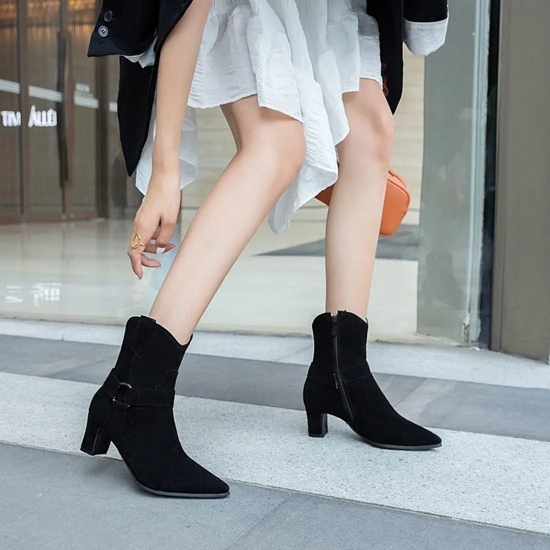 VOKLIN Women's Fashion Pointed Toe Dressy Ankle Boots Side Zipper Block Mid Heel Elegant Dress Short Booties