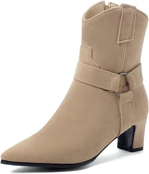 VOKLIN Women's Fashion Pointed Toe Dressy Ankle Boots Side Zipper Block Mid Heel Elegant Dress Short Booties