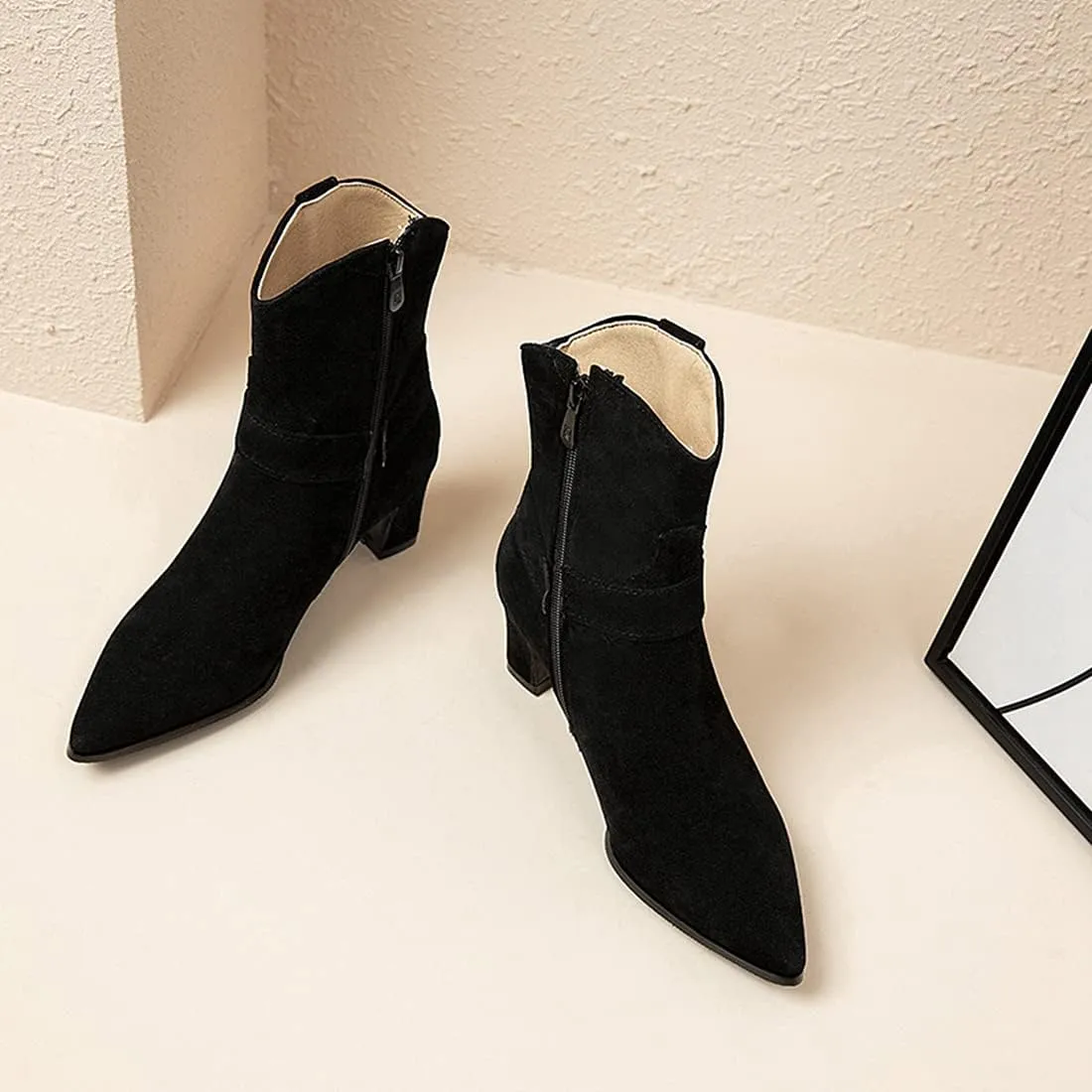 VOKLIN Women's Fashion Pointed Toe Dressy Ankle Boots Side Zipper Block Mid Heel Elegant Dress Short Booties